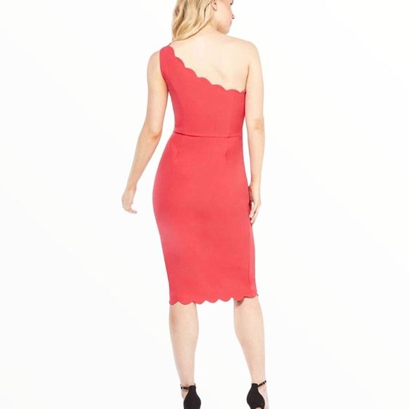 Maggy London Bright Coral Hot Pink Scallop Trim One Shoulder Sheath Dress size 8 - Picture 2 of 13